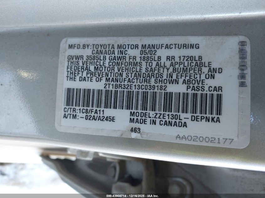 2003 Toyota Corolla Le VIN: 2T1BR32E13C039182 Lot: 43908714