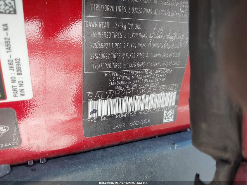 2019 Land Rover Range Rover Sport Supercharged Dynamic VIN: SALWR2RE0KA836942 Lot: 43908729