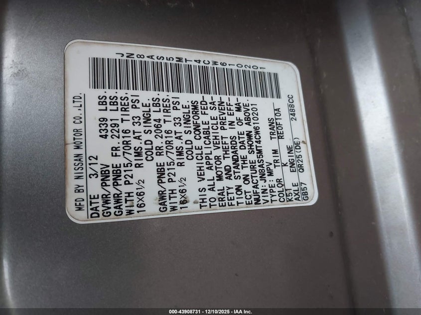 JN8AS5MT4CW610201 2012 NISSAN ROGUE photo no. 9