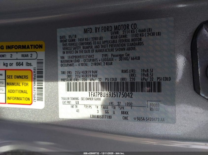 2018 Ford Mustang Ecoboost Premium VIN: 1FATP8UH9J5175042 Lot: 43908732