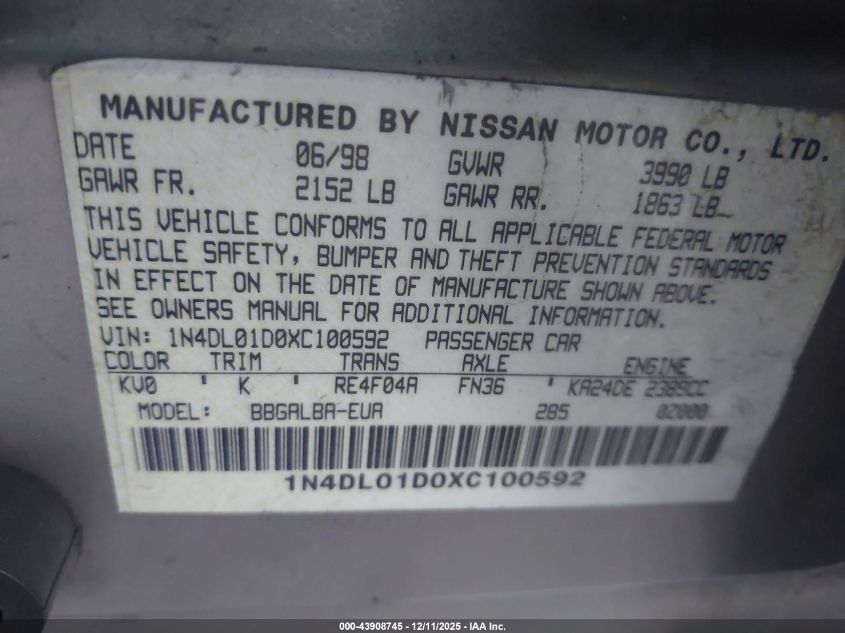 1999 Nissan Altima Gle/Gxe/Se/Se-L/Xe VIN: 1N4DL01D0XC100592 Lot: 43908745