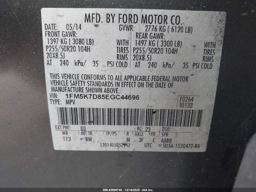 2014 Ford Explorer Xlt VIN: 1FM5K7D85EGC44696 Lot: 43908748