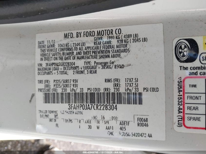 2012 Ford Fusion Sel VIN: 3FAHP0JA7CR228304 Lot: 43908765