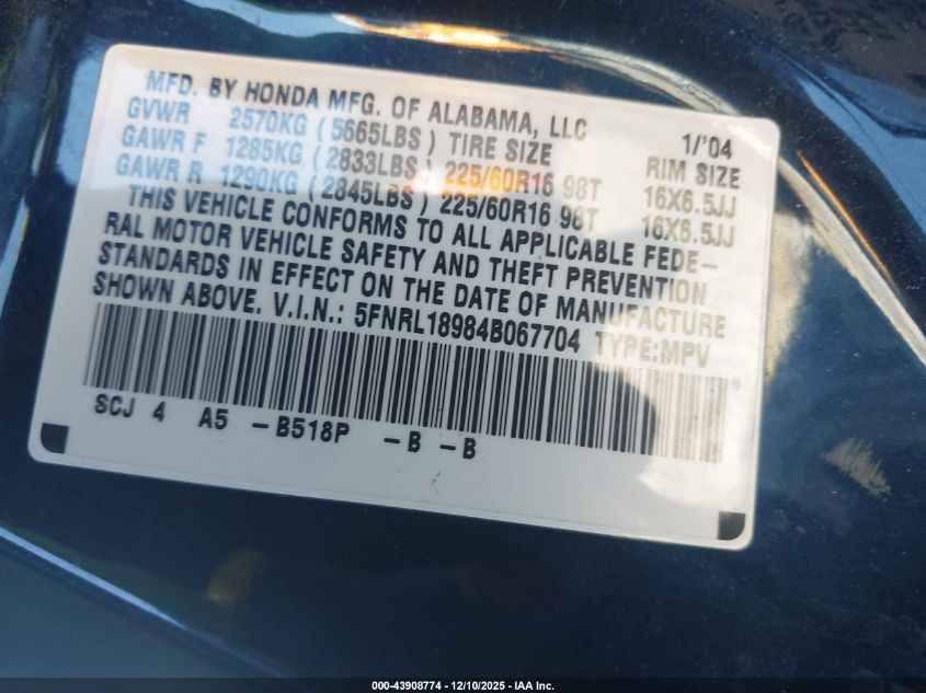 2004 Honda Odyssey Ex-L VIN: 5FNRL18984B067704 Lot: 43908774