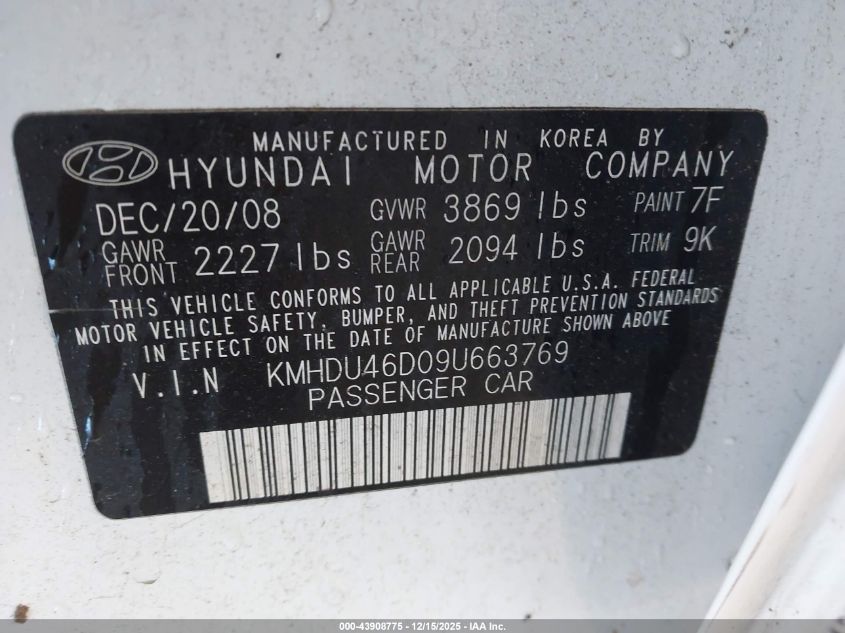 2009 Hyundai Elantra Gls VIN: KMHDU46D09U663769 Lot: 43908775