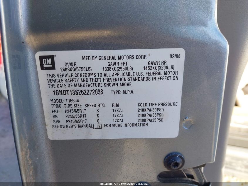 2006 Chevrolet Trailblazer Ls VIN: 1GNDT13S262272033 Lot: 43908778