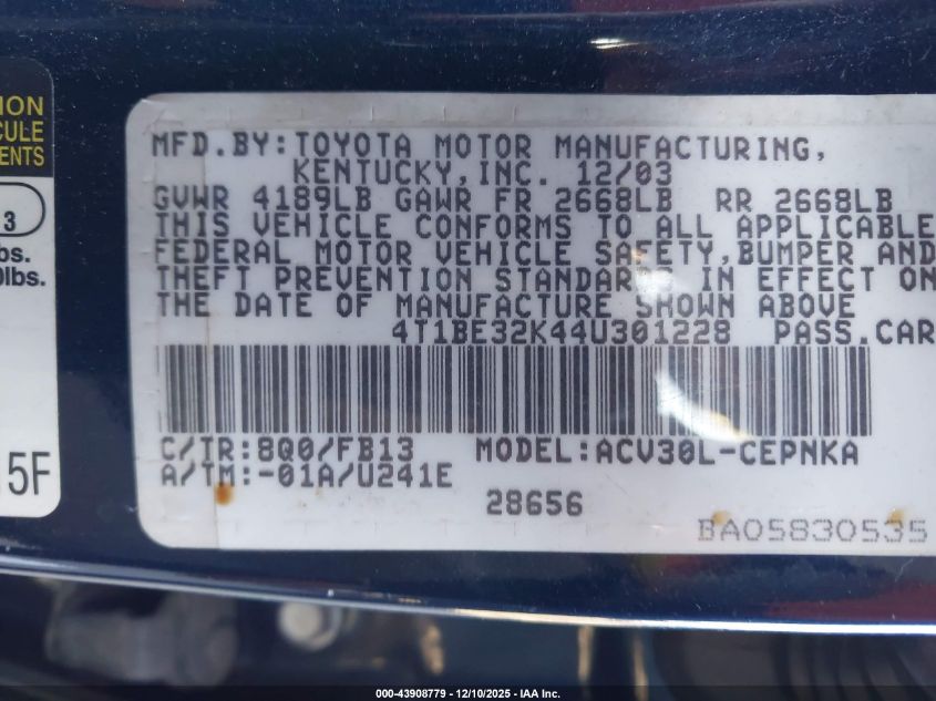 2004 Toyota Camry Le VIN: 4T1BE32K44U301228 Lot: 43908779