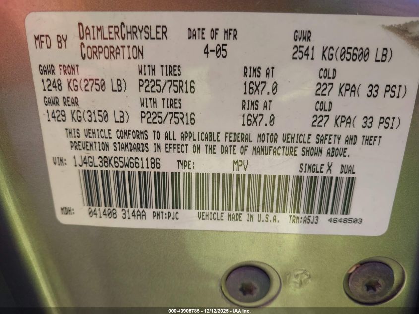 2005 Jeep Liberty Renegade VIN: 1J4GL38K65W661186 Lot: 43908785