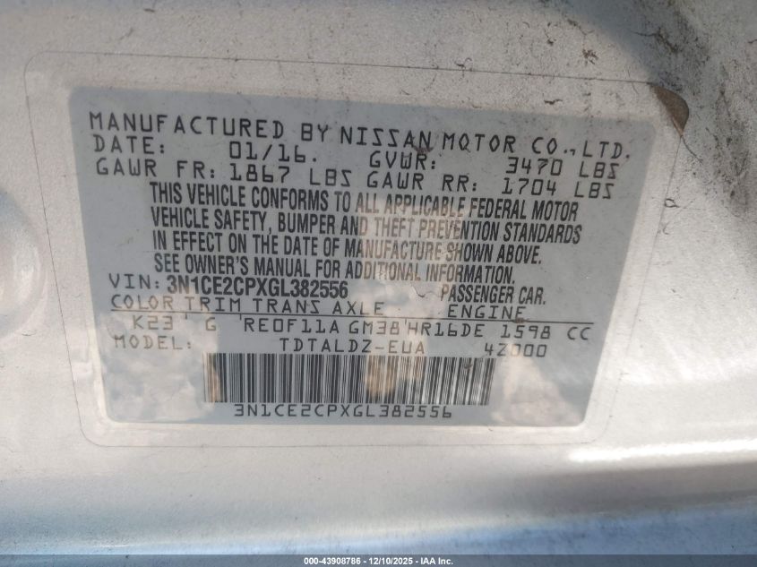 2016 Nissan Versa Note Sv VIN: 3N1CE2CPXGL382556 Lot: 43908786