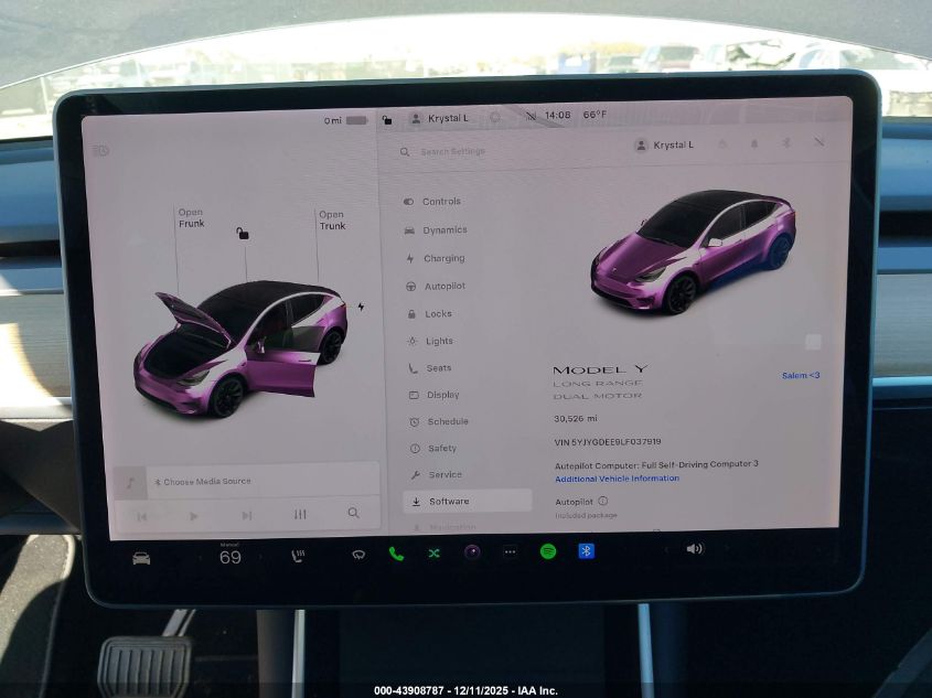 2020 Tesla Model Y Long Range Dual Motor All-Wheel Drive VIN: 5YJYGDEE9LF037919 Lot: 43908787