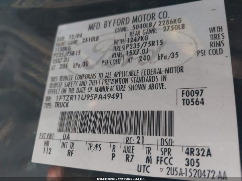 2005 Ford Ranger Edge/Xl/Xlt VIN: 1FTZR11U95PA49491 Lot: 43908788