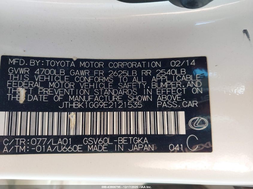 2014 Lexus Es 350 VIN: JTHBK1GG9E2121535 Lot: 43908795