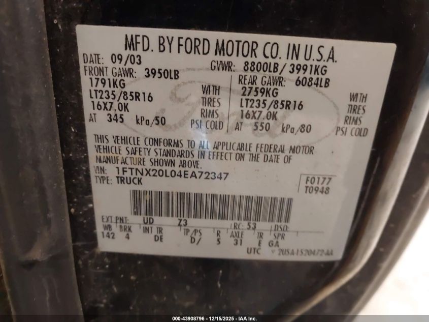 2004 Ford F-250 Lariat/Xl/Xlt VIN: 1FTNX20L04EA72347 Lot: 43908796