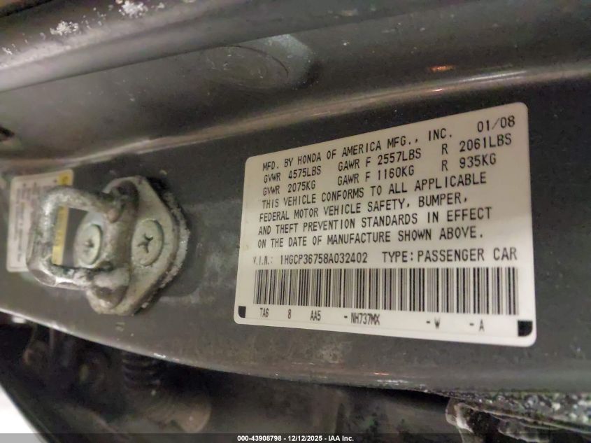 2008 Honda Accord 3.5 Ex VIN: 1HGCP36758A032402 Lot: 43908798