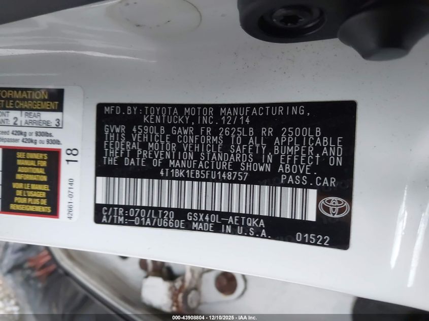 2015 Toyota Avalon Xle Touring VIN: 4T1BK1EB5FU148757 Lot: 43908804