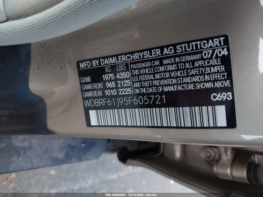 MERCEDES-BENZ C 240 2005 VIN WDBRF61J95F605721