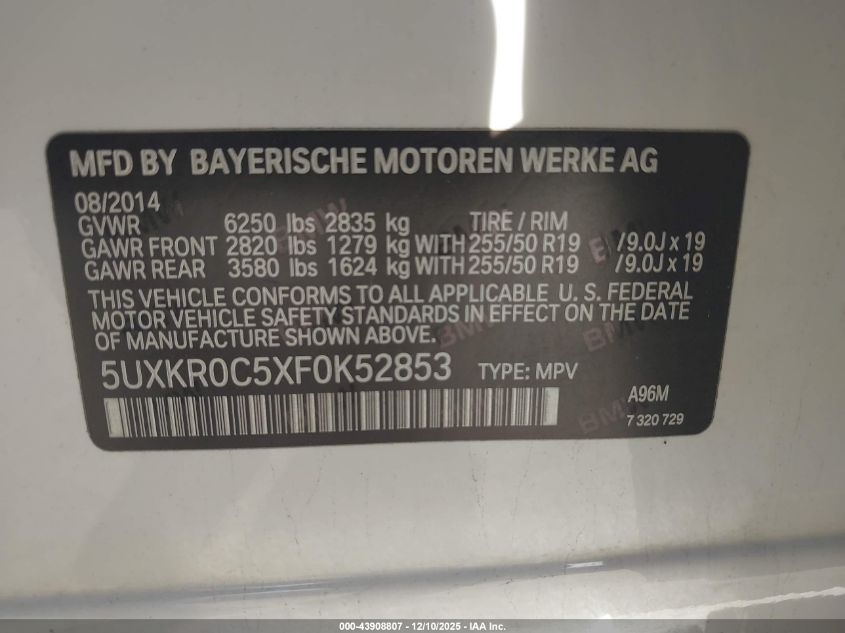 2015 BMW X5 xDrive35I VIN: 5UXKR0C5XF0K52853 Lot: 43908807