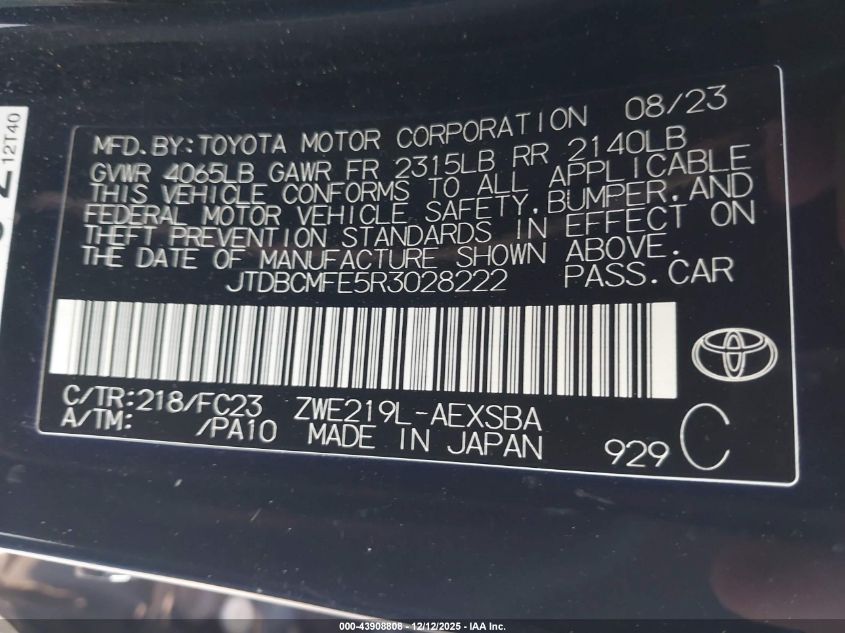 2024 Toyota Corolla Hybrid Se VIN: JTDBCMFE5R3028222 Lot: 43908808