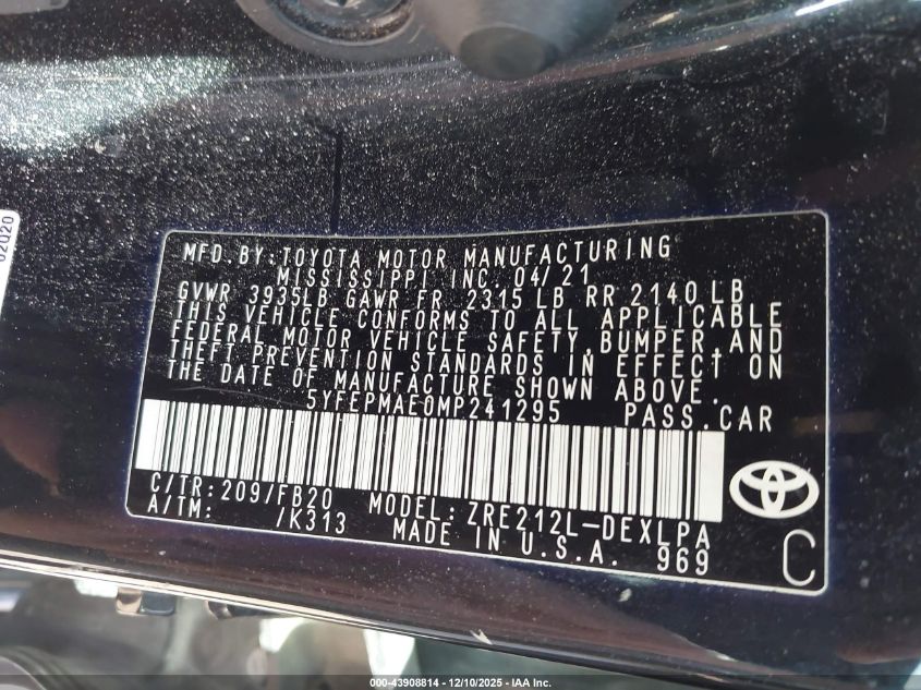 2021 Toyota Corolla Le VIN: 5YFEPMAE0MP241295 Lot: 43908814