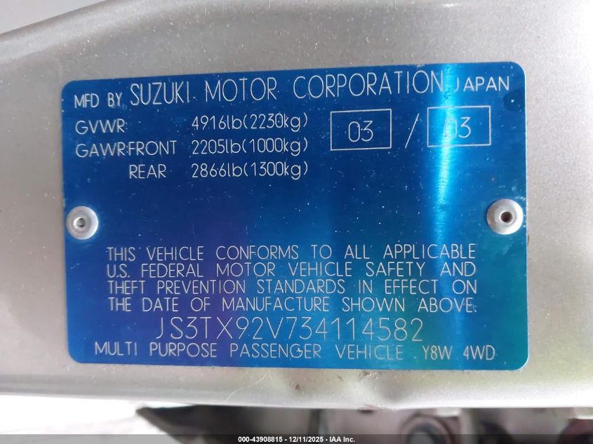 2003 Suzuki Xl-7 Ltd/Touring VIN: JS3TX92V734114582 Lot: 43908815