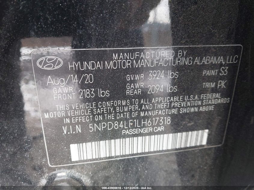 2020 Hyundai Elantra Value Edition VIN: 5NPD84LF1LH617318 Lot: 43908816