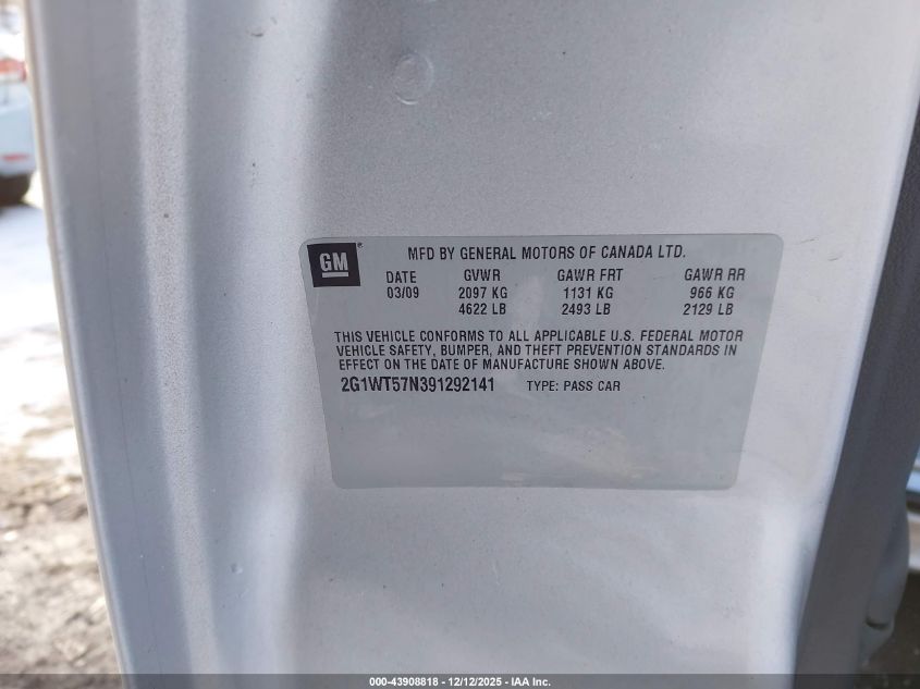 2009 Chevrolet Impala Lt VIN: 2G1WT57N391292141 Lot: 43908818
