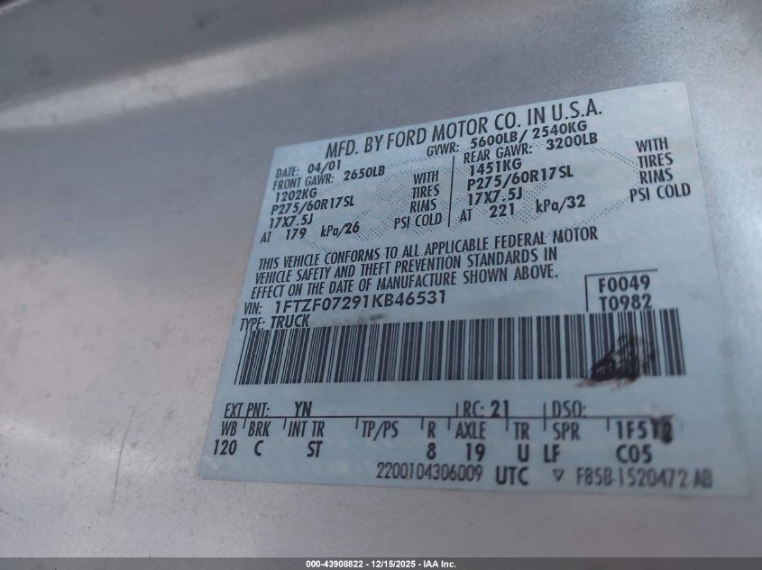 2001 Ford F-150 Xl/Xlt VIN: 1FTZF07291KB46531 Lot: 43908822