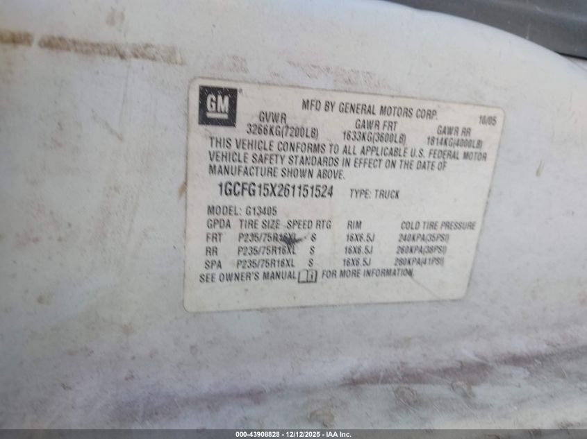 2006 Chevrolet Express Work Van VIN: 1GCFG15X261151524 Lot: 43908828