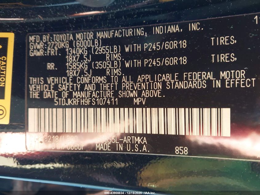 2015 Toyota Highlander Xle V6 VIN: 5TDJKRFH9FS107411 Lot: 43908834