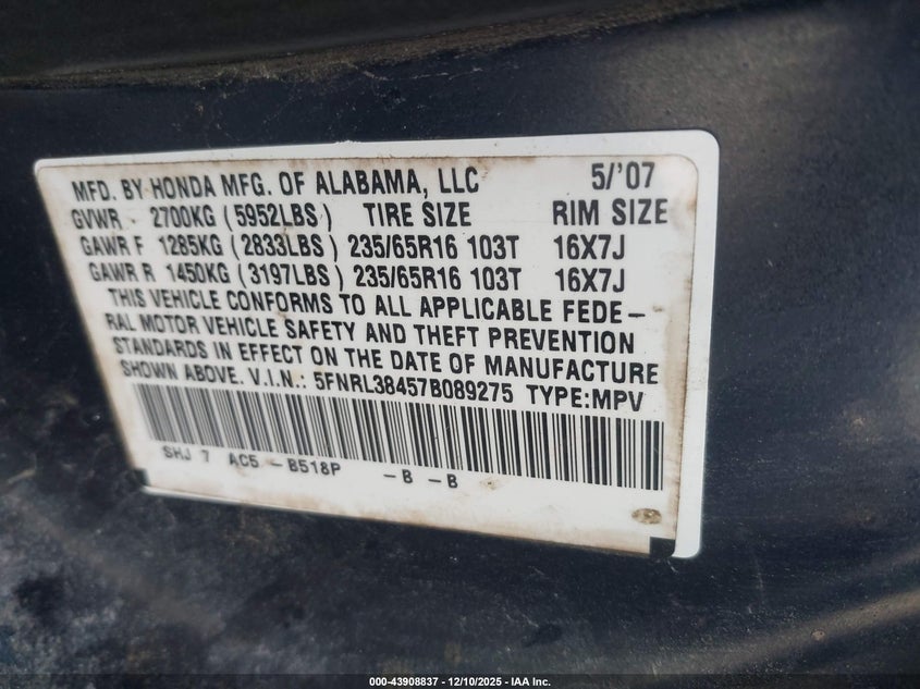 5FNRL38457B089275 2007 HONDA ODYSSEY photo no. 9