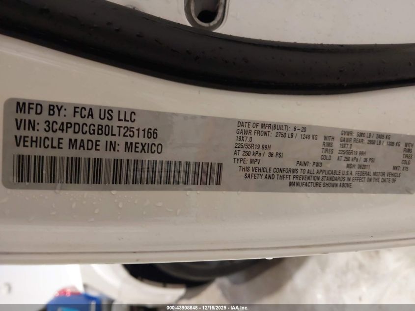 2020 Dodge Journey Crossroad VIN: 3C4PDCGB0LT251166 Lot: 43908848