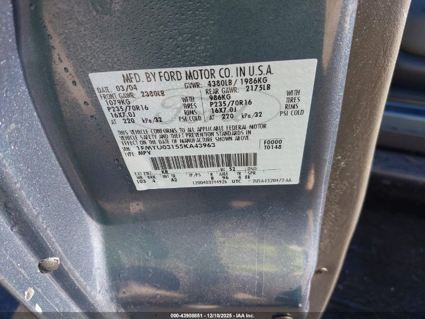 2005 Ford Escape Xlt VIN: 1FMYU03155KA43963 Lot: 43908851