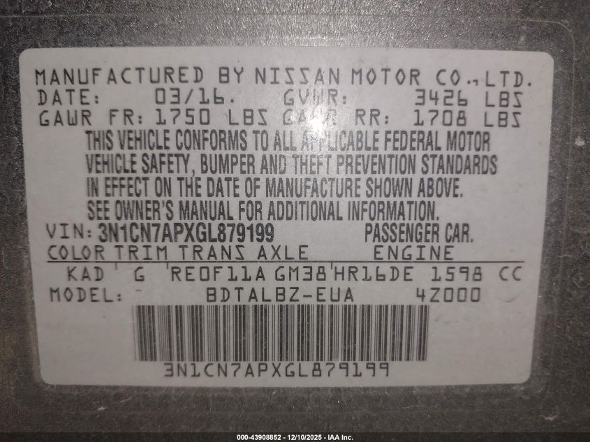 2016 Nissan Versa 1.6 S/1.6 S+/1.6 Sl/1.6 Sv VIN: 3N1CN7APXGL879199 Lot: 43908852