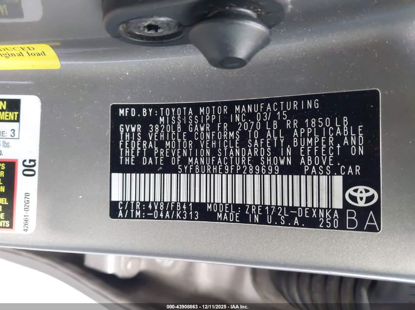 2015 Toyota Corolla Le VIN: 5YFBURHE9FP289699 Lot: 43908863