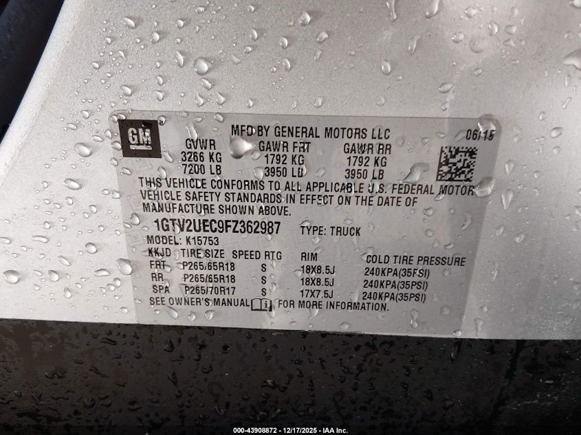 2015 GMC Sierra 1500 Sle VIN: 1GTV2UEC9FZ362987 Lot: 43908872