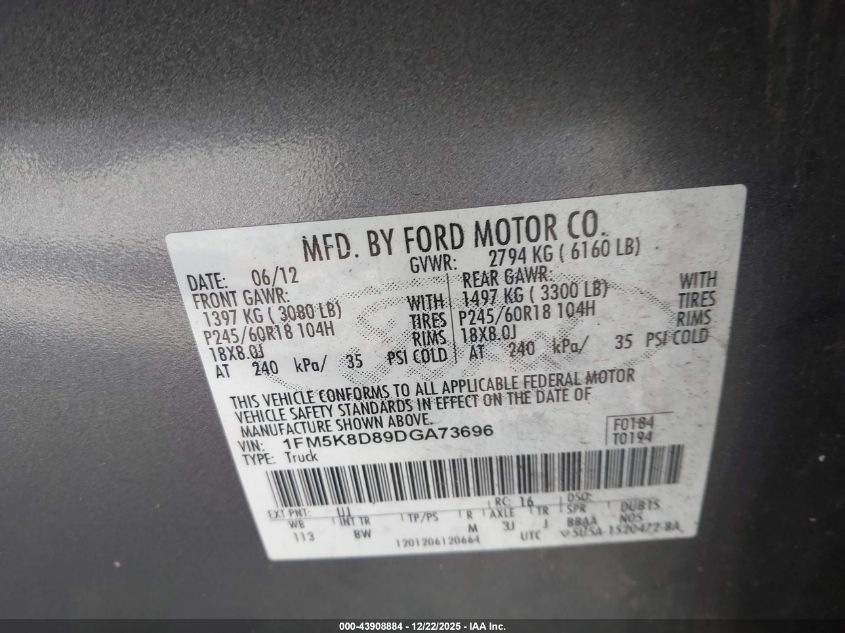 2013 Ford Explorer Xlt VIN: 1FM5K8D89DGA73696 Lot: 43908884