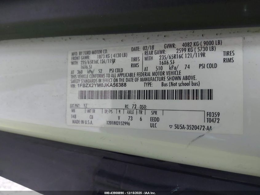 2018 Ford Transit-350 Xlt VIN: 1FBZX2YM0JKA56388 Lot: 43908890