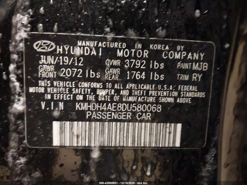 2013 Hyundai Elantra Limited VIN: KMHDH4AE8DU580068 Lot: 43908901