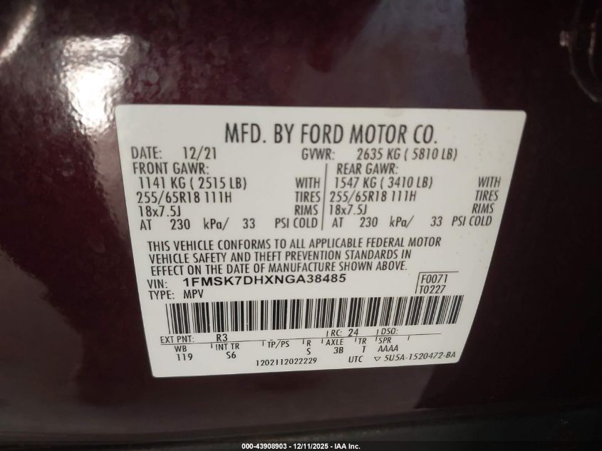 2022 Ford Explorer Xlt VIN: 1FMSK7DHXNGA38485 Lot: 43908903