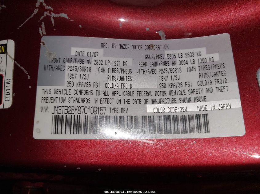 2007 Mazda Cx-9 Sport VIN: JM3TB28Y870109157 Lot: 43908904
