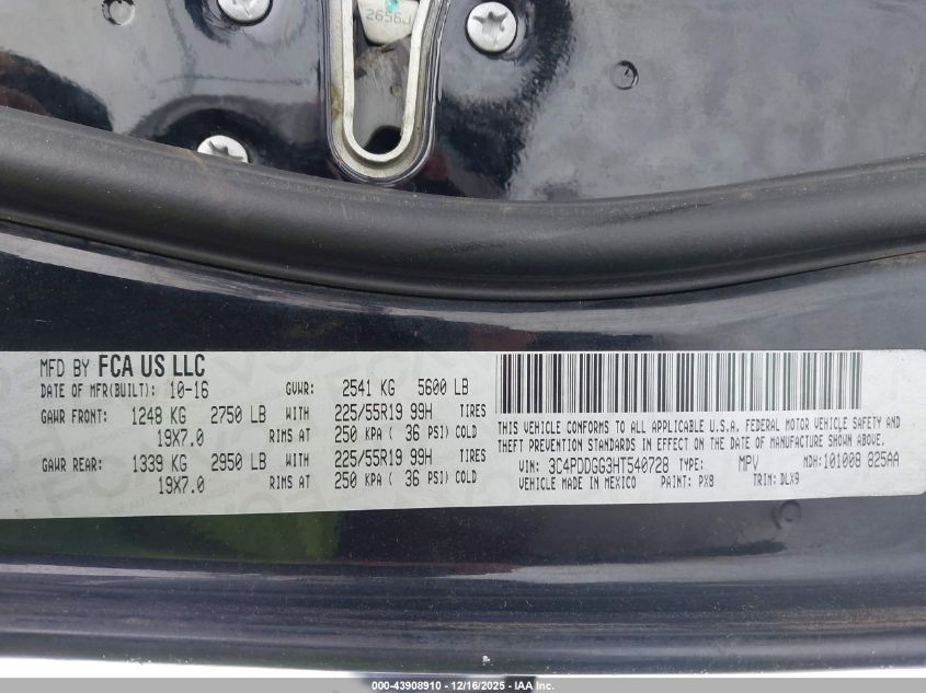 2017 Dodge Journey Crossroad Plus Awd VIN: 3C4PDDGG3HT540728 Lot: 43908910