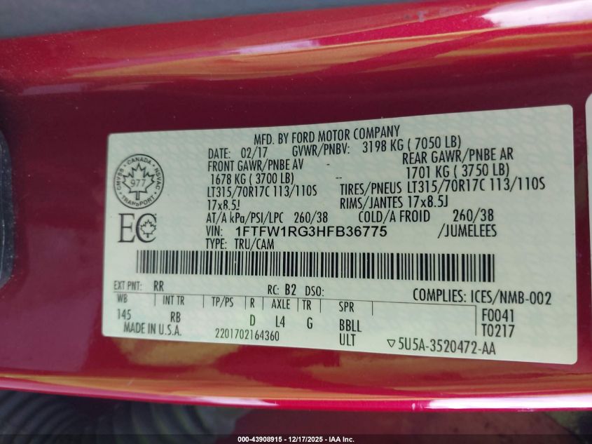2017 Ford F-150 Raptor VIN: 1FTFW1RG3HFB36775 Lot: 43908915