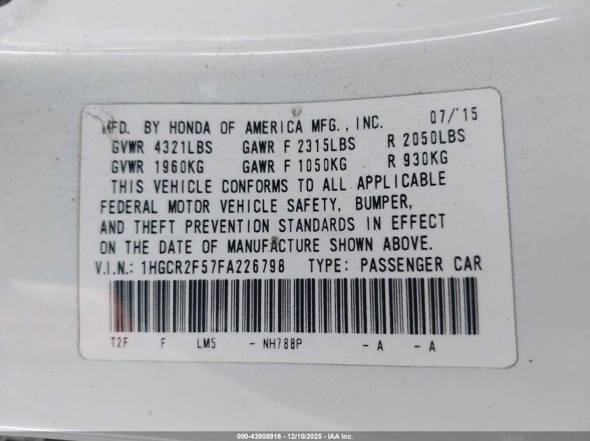 2015 Honda Accord Sport VIN: 1HGCR2F57FA226798 Lot: 43908916
