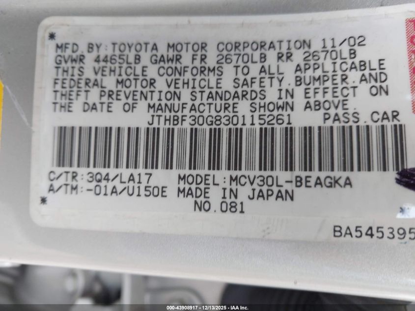 2003 Lexus Es 300 VIN: JTHBF30G830115261 Lot: 43908917