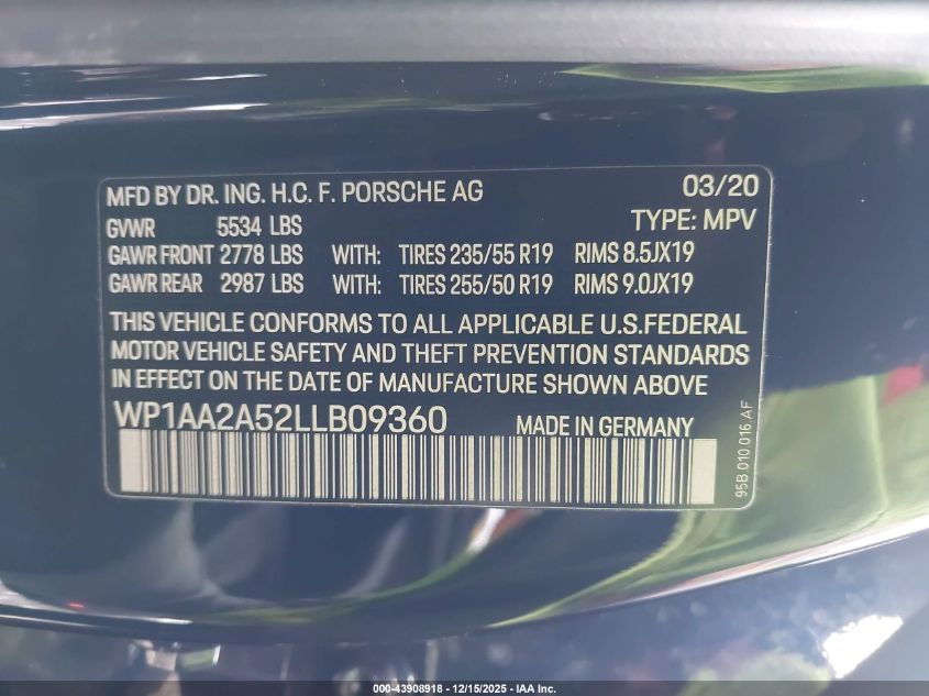 2020 Porsche Macan VIN: WP1AA2A52LLB09360 Lot: 43908918