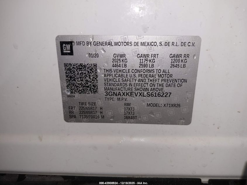 2020 Chevrolet Equinox Fwd Lt 1.5L Turbo VIN: 3GNAXKEVXLS616227 Lot: 43908924