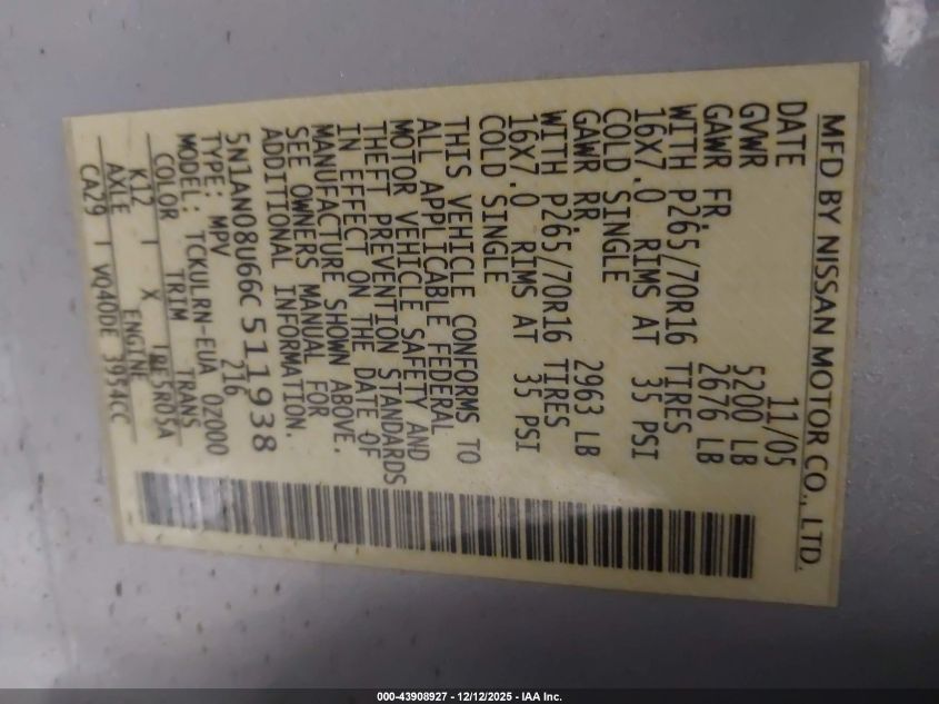 2006 Nissan Xterra S VIN: 5N1AN08U66C511938 Lot: 43908927