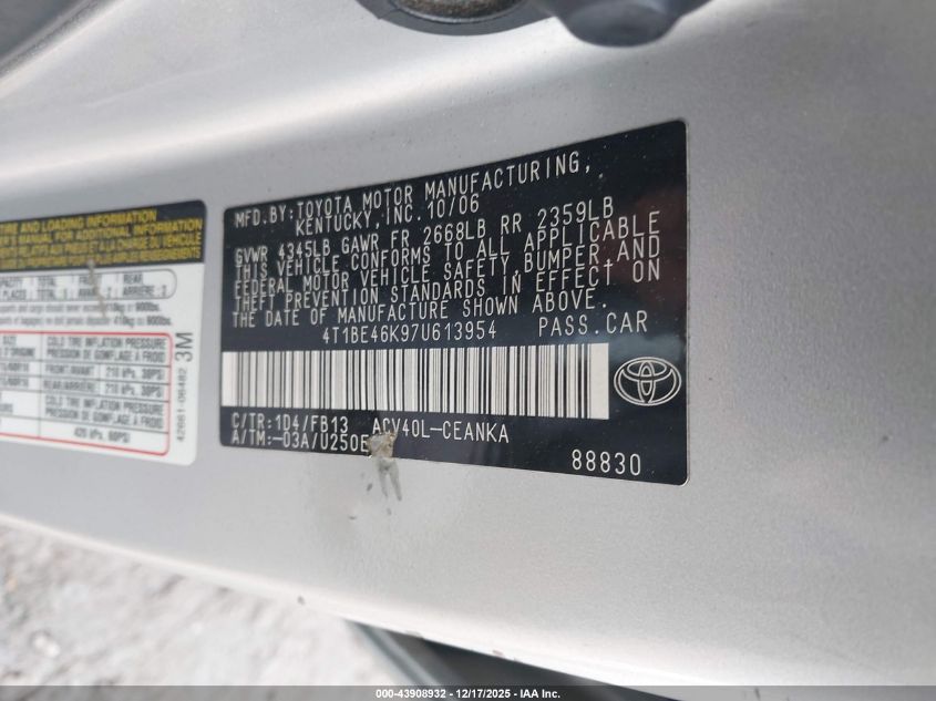 2007 Toyota Camry VIN: 4T1TE46K97U613954 Lot: 43908932