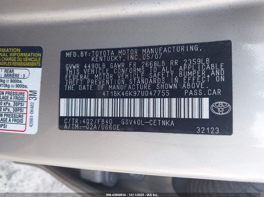 2007 Toyota Camry Le V6/Se V6/Xle V6 VIN: 4T1BK46K974047755 Lot: 43908934