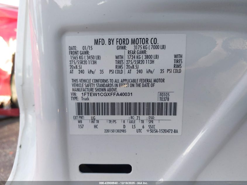 2015 Ford F-150 Lariat VIN: 1FTEW1CGXFFA40031 Lot: 43908940